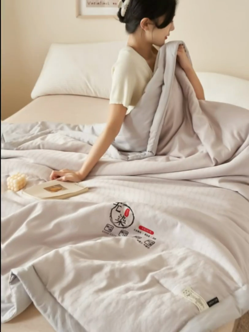 91家纺网 家纺一手货源 找家纺 子由家居 2025新款水洗棉原棉提花大豆夏被被子被芯 原棉-浅灰