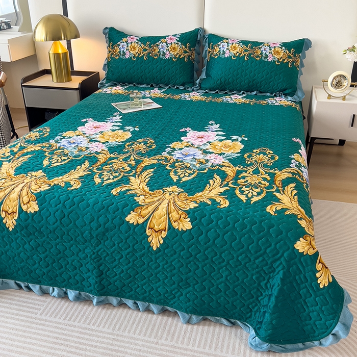 91家纺网 家纺一手货源 找家纺 2025新款水晶绒床单盖毯单人三件套花边毯子冬季加厚保暖双人加棉防滑绒毯 欧式墨绿