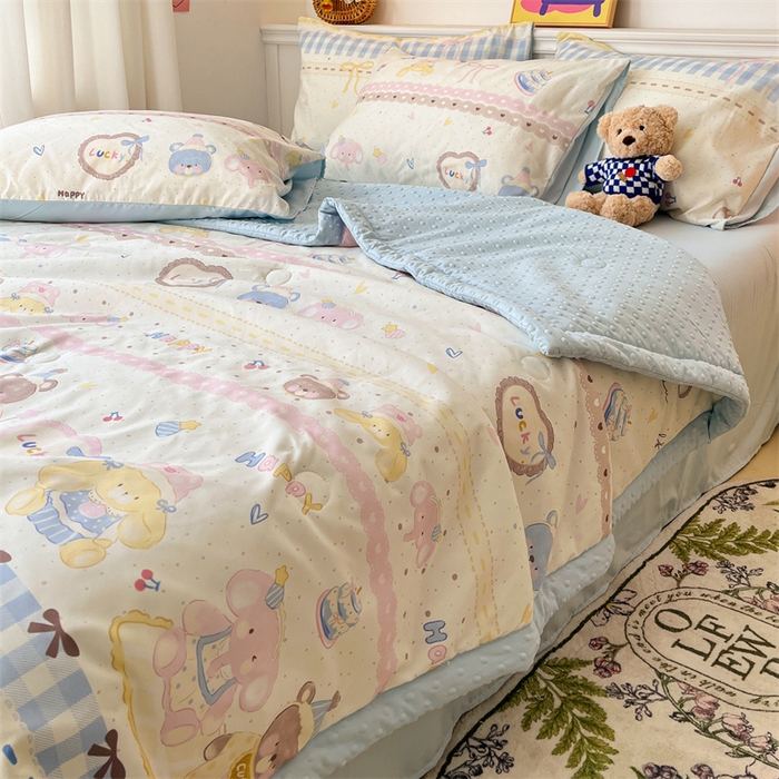 91家纺网 家纺一手货源 找家纺 盛秋家纺 2026新款A类水洗棉豆豆夏被系列 开心派对+天空蓝