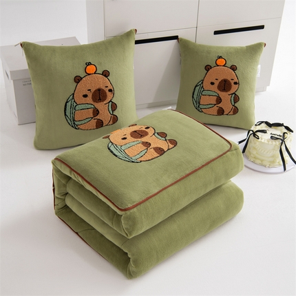 宝马家纺（原梦童画）2025新款卡皮巴拉牛奶绒毛巾绣抱枕被 抹茶绿