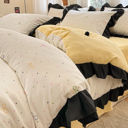 91家纺网 家纺一手货源 找家纺 首尔家纺 2025新款针织双层纱四件套系列 波点蝴蝶结