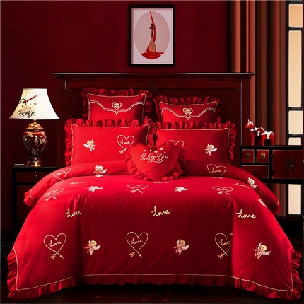 91家纺网 家纺一手货源 找家纺 （总）慕她家纺 2025慕她婚庆四件套大红色全棉纯棉刺绣结婚床上用品-系列二