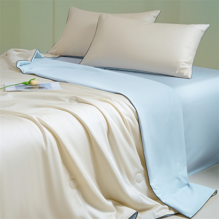 91家纺网 家纺一手货源 找家纺 笙意家纺 2025新款凉感水洗真丝麻绳双拼夏凉被-华尔兹系列 华尔兹-奶昔白+天空蓝