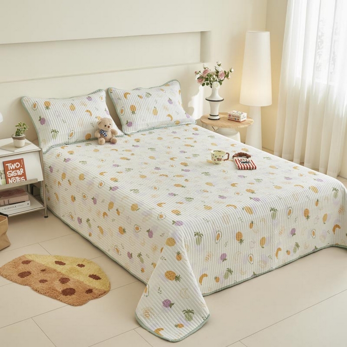 91家纺网 家纺一手货源 找家纺 子由家居 2025新款纯棉印花夹棉床盖 棉花被-热带水果