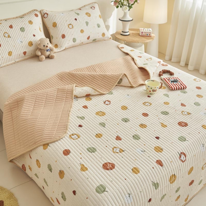 91家纺网 家纺一手货源 找家纺 子由家居 2025新款纯棉印花夹棉床盖 棉花被-南瓜