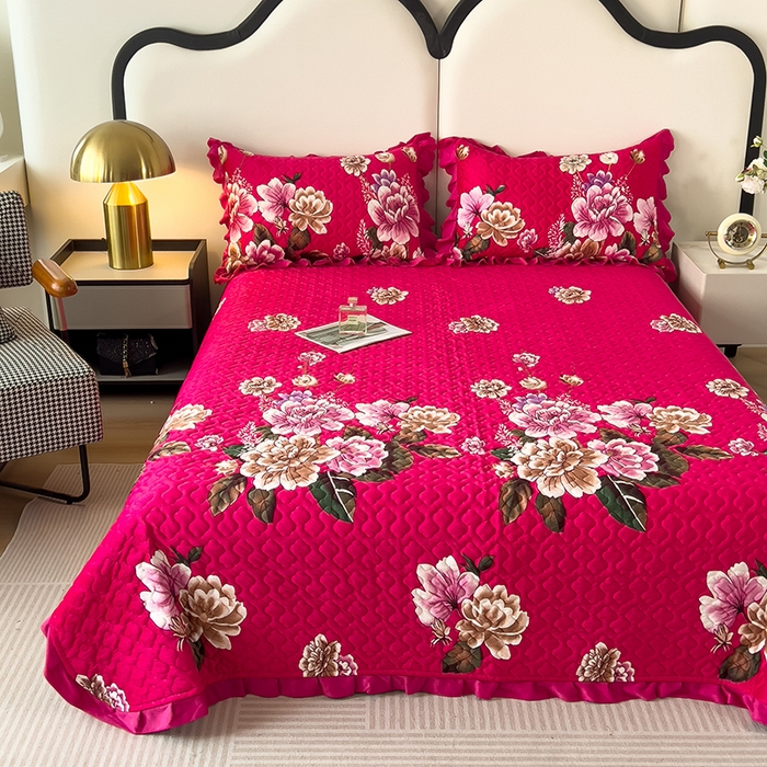 91家纺网 家纺一手货源 找家纺 2025新款水晶绒床单盖毯单人三件套花边毯子冬季加厚保暖双人加棉防滑绒毯 玫红蝶恋花