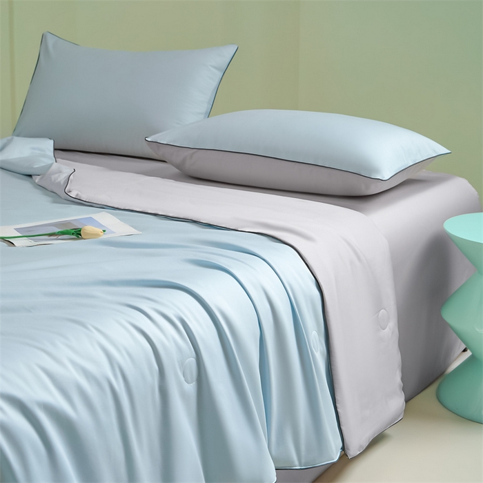 91家纺网 家纺一手货源 找家纺 笙意家纺 2025新款凉感水洗真丝麻绳双拼夏凉被-华尔兹系列 华尔兹-天空蓝+山灰