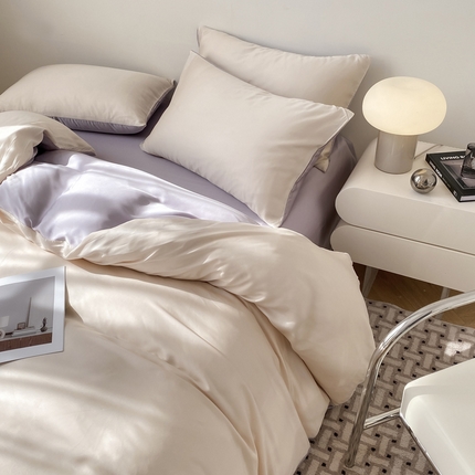 91家纺网 家纺一手货源 找家纺 繁花家居  2025新款亲肤舒适A类高支密冰丝素色冰丝四件套-风格一 白桃芋紫