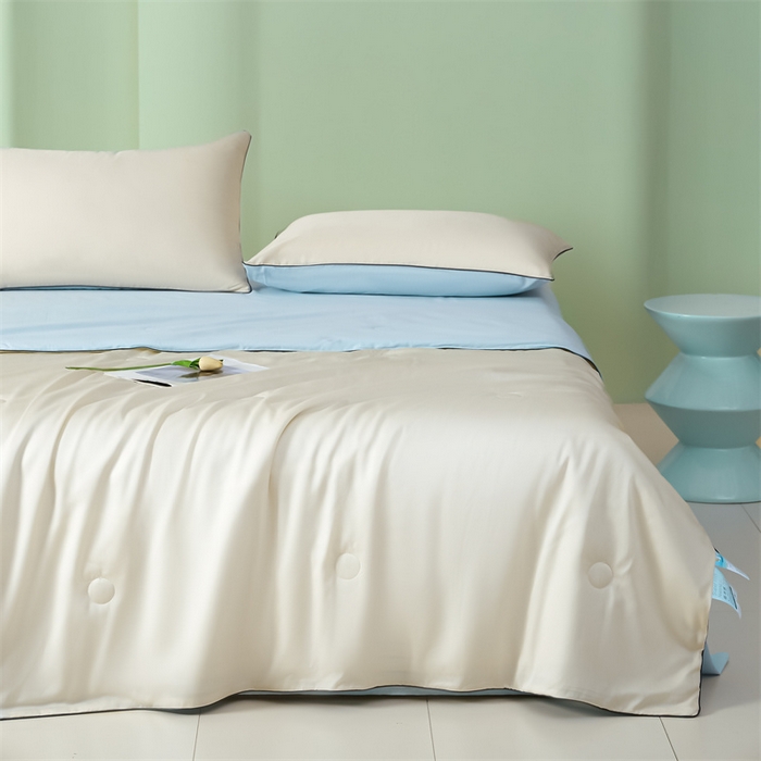 91家纺网 家纺一手货源 找家纺 笙意家纺 2025新款凉感水洗真丝麻绳双拼夏凉被-华尔兹系列 华尔兹-奶昔白+天空蓝