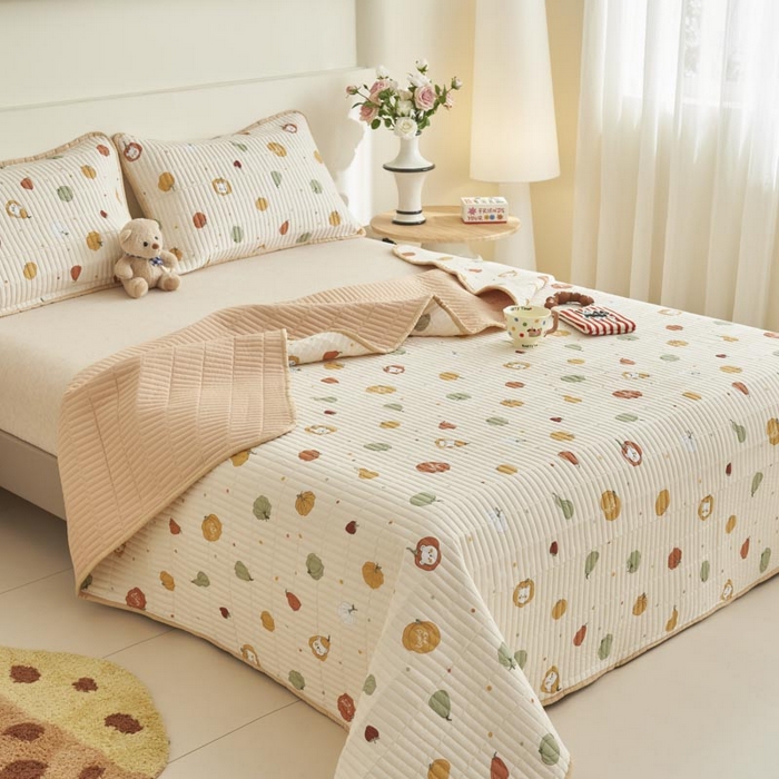 91家纺网 家纺一手货源 找家纺 子由家居 2025新款纯棉印花夹棉床盖 棉花被-南瓜