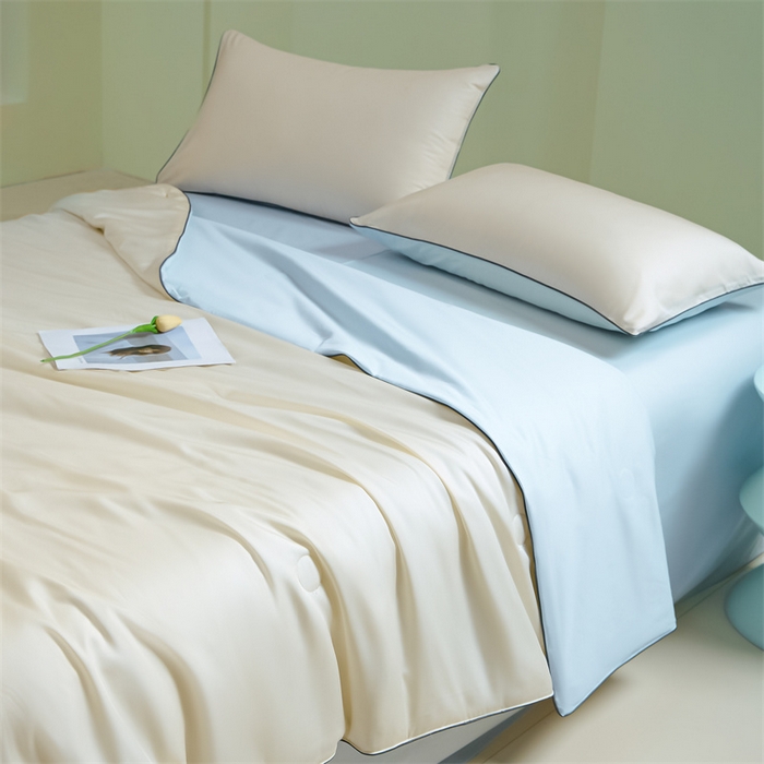 91家纺网 家纺一手货源 找家纺 笙意家纺 2025新款凉感水洗真丝麻绳双拼夏凉被-华尔兹系列 华尔兹-奶昔白+天空蓝