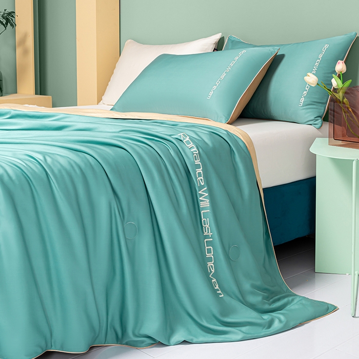 91家纺网 家纺一手货源 找家纺 子由家居 2025新款水洗真丝轻奢绣花系列夏被四件套 轻奢绣花-松绿