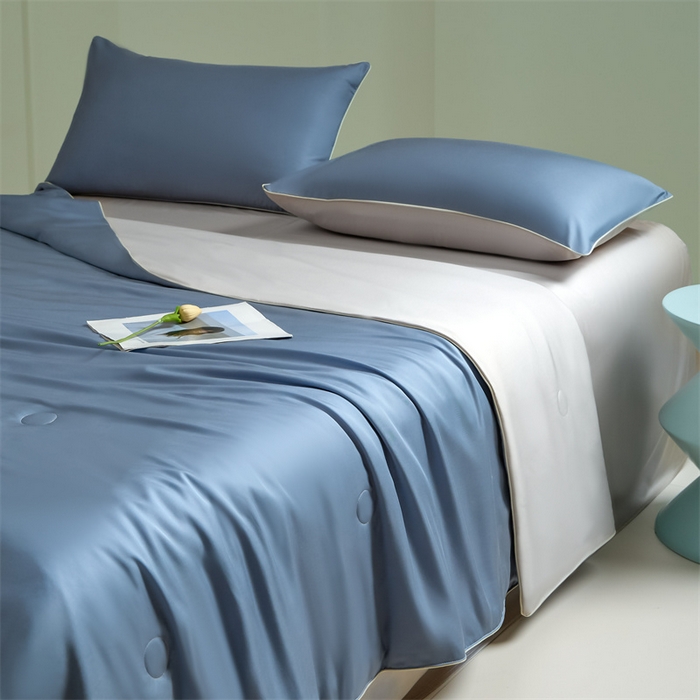 91家纺网 家纺一手货源 找家纺 笙意家纺 2025新款凉感水洗真丝麻绳双拼夏凉被-华尔兹系列 华尔兹-宾利蓝+山灰