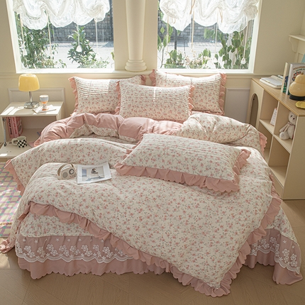 珍爱家纺 2025新款A类针织棉双层纱夹棉床盖床裙花边单件三件四件套 春色满园