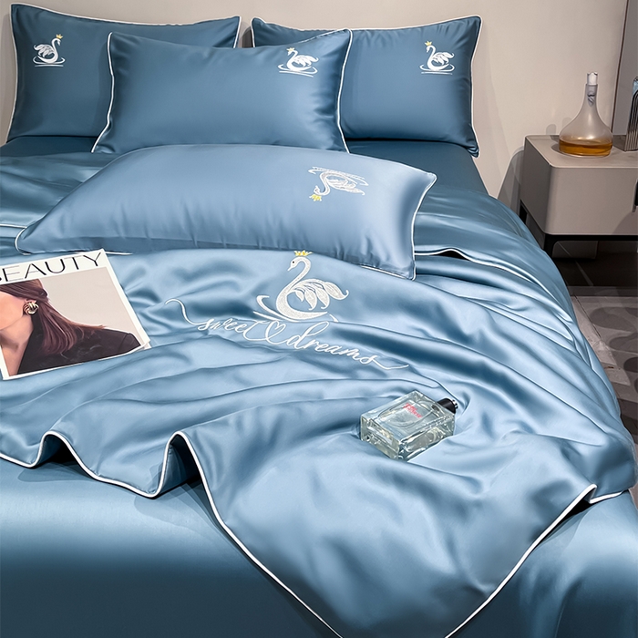 91家纺网 家纺一手货源 找家纺 （总）如一 2025新款水洗冰丝麻绳夏被四件套天鹅系列