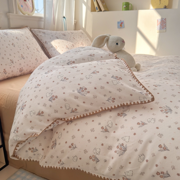 91家纺网 家纺一手货源 找家纺 淑女公社家纺 2025春夏新款 贝壳边双层纱套件 花野兔