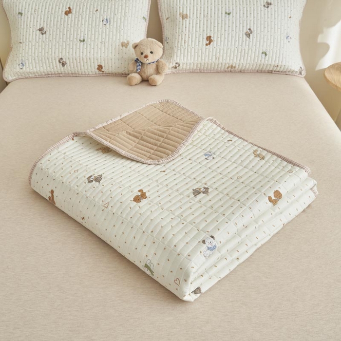 91家纺网 家纺一手货源 找家纺 子由家居 2025新款纯棉印花夹棉床盖 棉花被-萌宠小狗