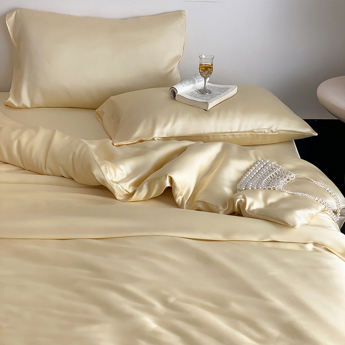 91家纺网 家纺一手货源 找家纺 繁花家居  2025新款亲肤舒适A类高支密冰丝素色冰丝四件套-风格一 黄桃蜜恋