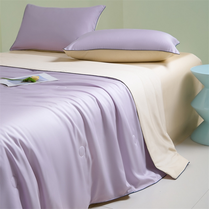 91家纺网 家纺一手货源 找家纺 笙意家纺 2025新款凉感水洗真丝麻绳双拼夏凉被-华尔兹系列 华尔兹-星黛紫+梧桐杏