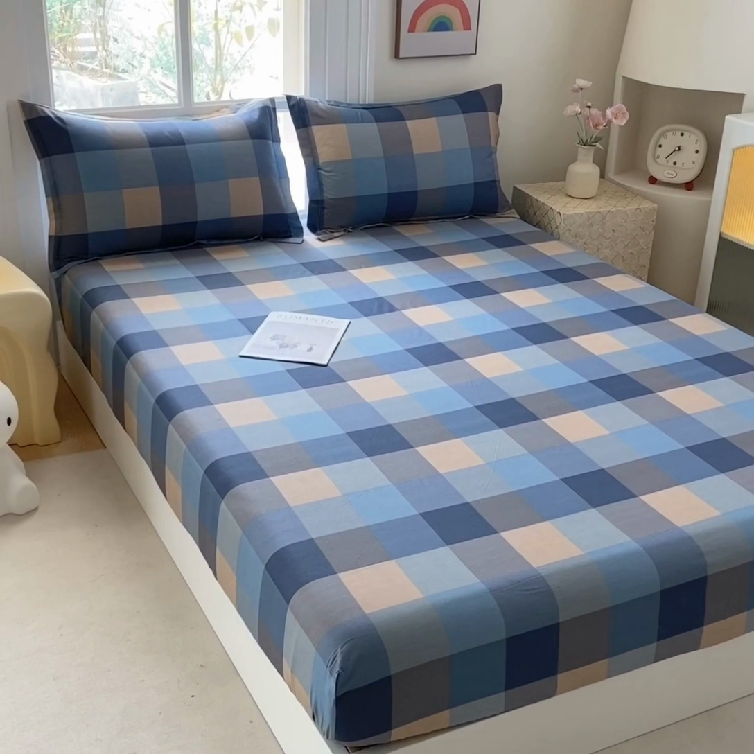 91家纺网 家纺一手货源 找家纺 凌云2025新款13372A类全棉床笠    灰蓝格