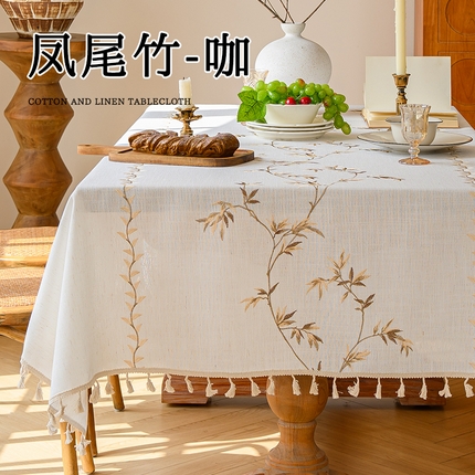 南通大梧纺织 2025新款植物系绣花桌布（防水） 凤尾竹-咖