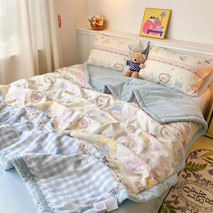 91家纺网 家纺一手货源 找家纺 盛秋家纺 2026新款A类水洗棉豆豆夏被系列 开心派对+天空蓝