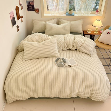 艾咪-Amy ntmy 2025新款条纹款全棉双层皱皱纱四件套 小半浅绿