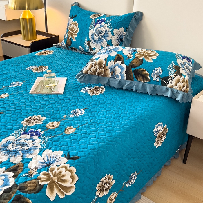 91家纺网 家纺一手货源 找家纺 2025新款水晶绒床单盖毯单人三件套花边毯子冬季加厚保暖双人加棉防滑绒毯 蓝色蝶恋花