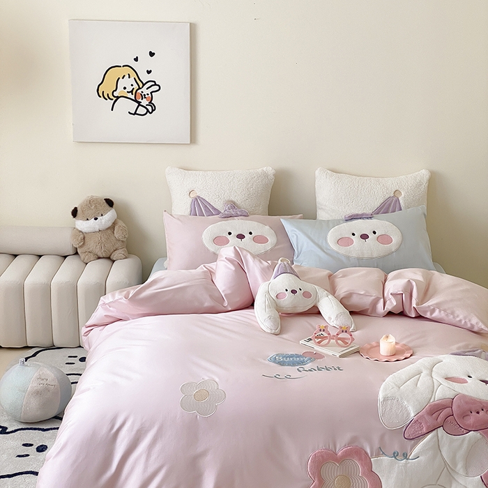 91家纺网 家纺一手货源 找家纺 （总）星野 2025新款双股澳棉精致刺绣四件套-奶油兔