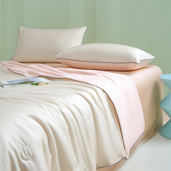 91家纺网 家纺一手货源 找家纺 笙意家纺 2025新款凉感水洗真丝麻绳双拼夏凉被-华尔兹系列 华尔兹-奶昔白+奶油粉