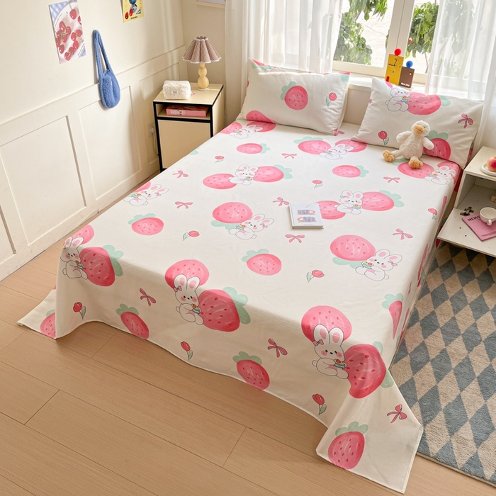 91家纺网 家纺一手货源 找家纺 莱通2025新款原棉老粗布床单 兔兔晚安