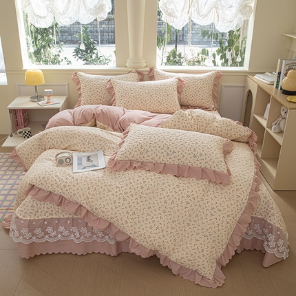 珍爱家纺 2025新款A类针织棉双层纱夹棉床盖床裙花边单件三件四件套 倾梦