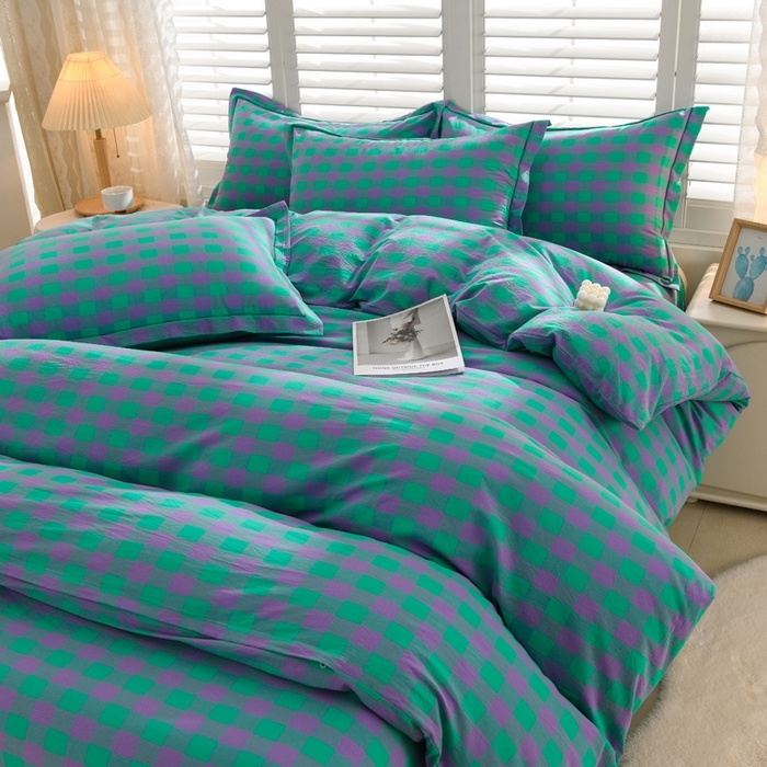 91家纺网 家纺一手货源 找家纺 润淳家居 2025新款A类全棉水洗棉四件套三件套 蓝紫三分格