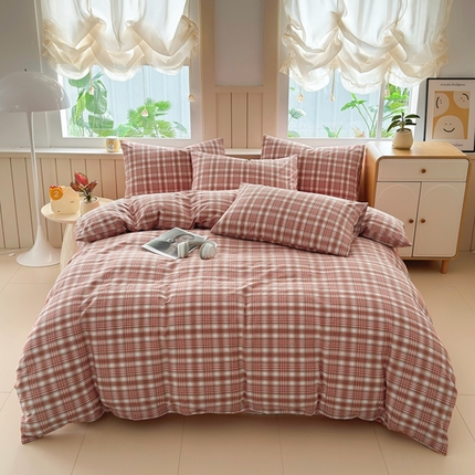91家纺网 家纺一手货源 找家纺 梦精灵家纺 2025新款全棉色织水洗棉四件套纯棉床单被套罩学生宿舍三件套 利奥-红