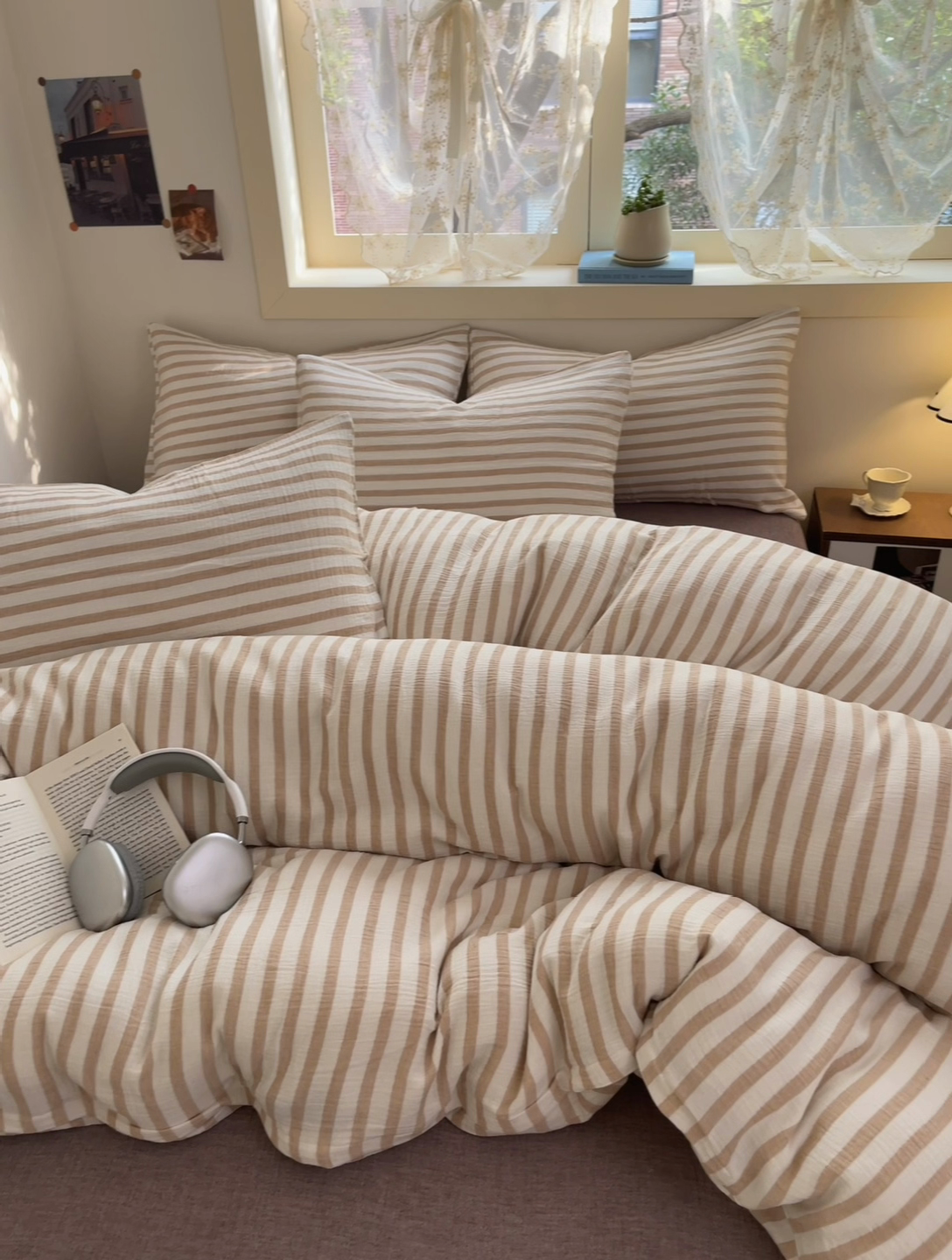 91家纺网 家纺一手货源 找家纺 艾咪-Amy ntmy 2025新款条纹款全棉双层皱皱纱四件套 小半浅紫