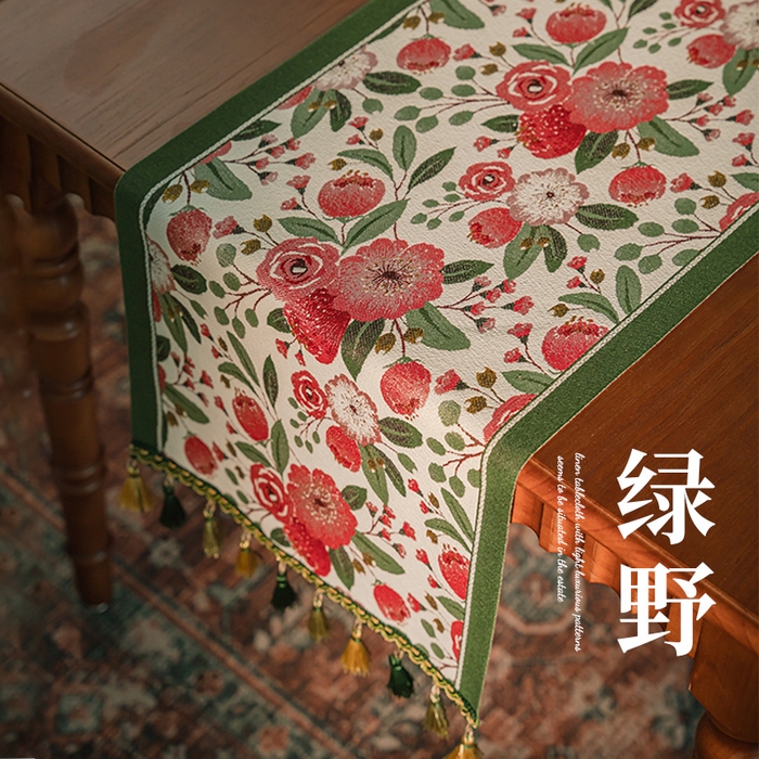 91家纺网 家纺一手货源 找家纺 南通大梧纺织 2025新款桌旗-SD仿棉麻 卷草绿-绿野