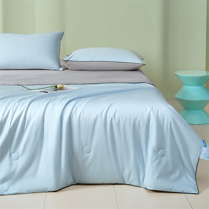 91家纺网 家纺一手货源 找家纺 笙意家纺 2025新款凉感水洗真丝麻绳双拼夏凉被-华尔兹系列 华尔兹-天空蓝+山灰