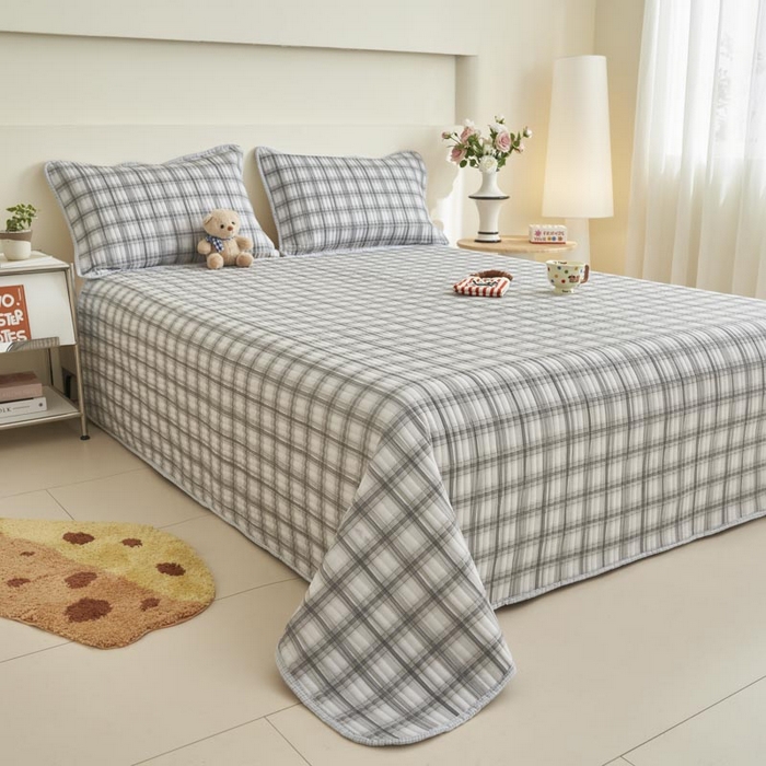 91家纺网 家纺一手货源 找家纺 子由家居 2025新款纯棉印花夹棉床盖 棉花被-灰色格