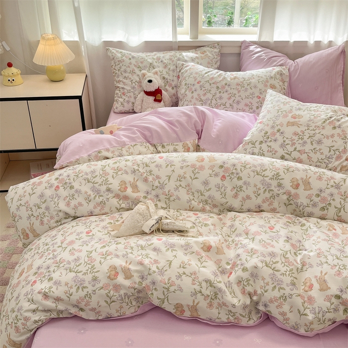 91家纺网 家纺一手货源 找家纺 798家纺 2025新款开春全棉12868印花四件套 丛林小兔