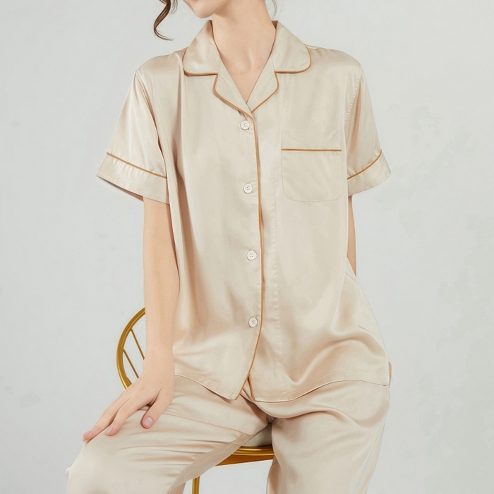 91家纺网 家纺一手货源 找家纺 欧夏家纺 2025新款莱赛尔天丝睡衣家居服 香槟色