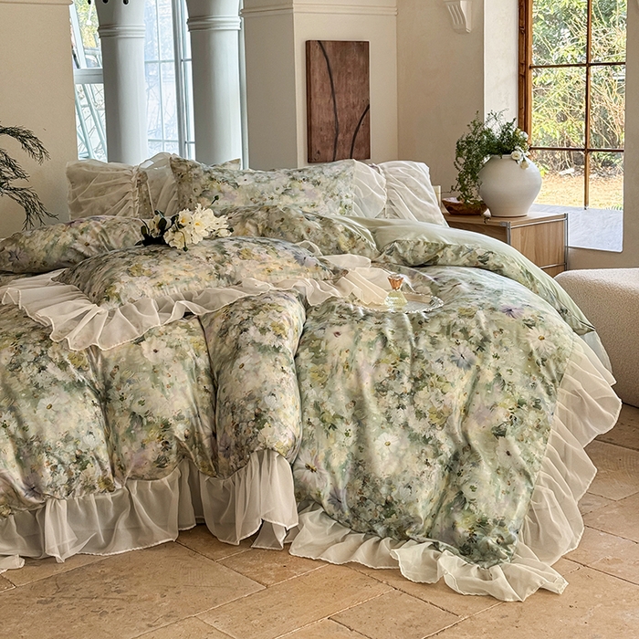 91家纺网 家纺一手货源 找家纺 艾米家居2025春夏新品法式花边天丝棉冰丝四件套 绿野仙踪花边款