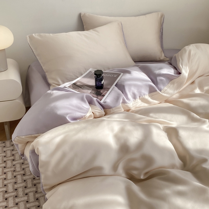 91家纺网 家纺一手货源 找家纺 繁花家居  2025新款亲肤舒适A类高支密冰丝素色冰丝四件套-风格一 白桃芋紫