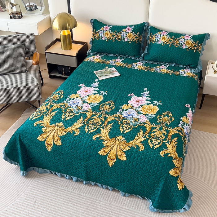 91家纺网 家纺一手货源 找家纺 2025新款水晶绒床单盖毯单人三件套花边毯子冬季加厚保暖双人加棉防滑绒毯 欧式墨绿