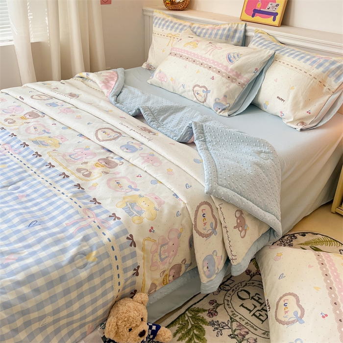 91家纺网 家纺一手货源 找家纺 盛秋家纺 2026新款A类水洗棉豆豆夏被系列 开心派对+天空蓝