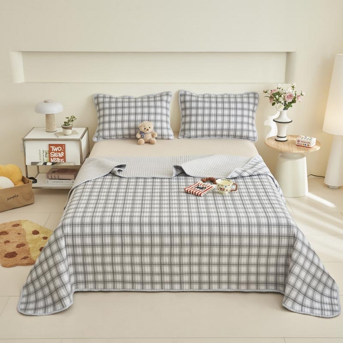 91家纺网 家纺一手货源 找家纺 子由家居 2025新款纯棉印花夹棉床盖 棉花被-灰色格