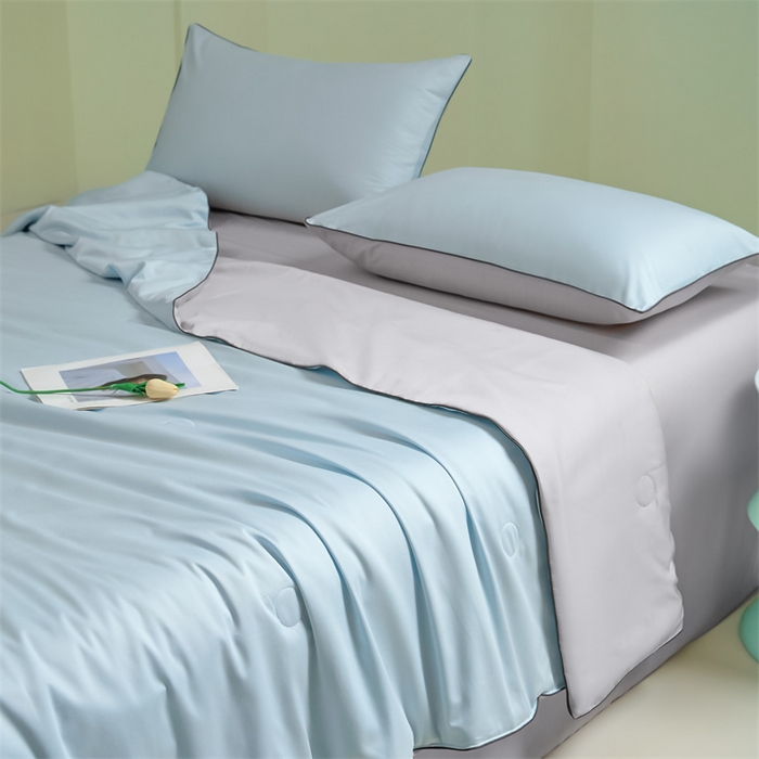 91家纺网 家纺一手货源 找家纺 笙意家纺 2025新款凉感水洗真丝麻绳双拼夏凉被-华尔兹系列 华尔兹-天空蓝+山灰