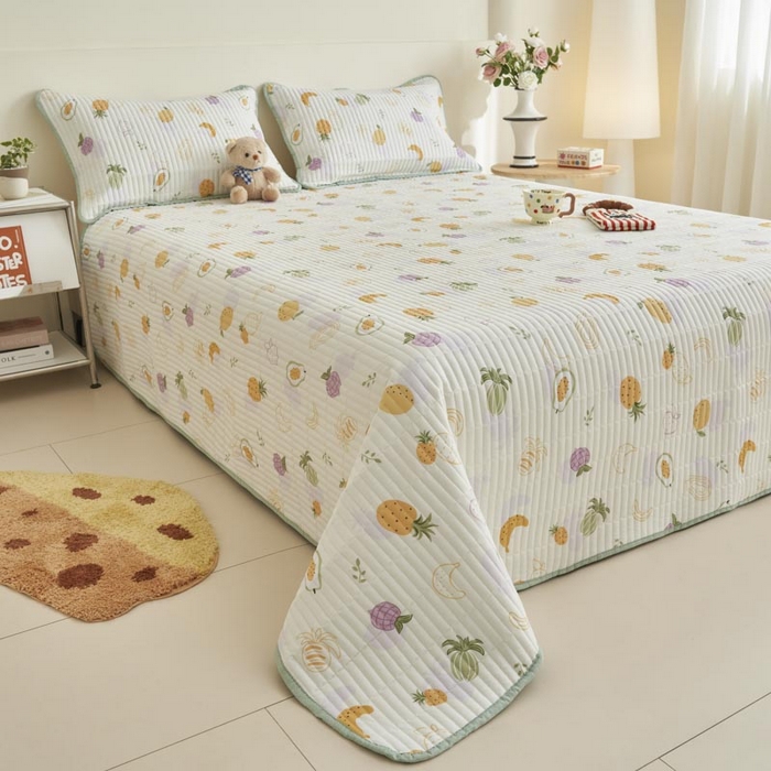 91家纺网 家纺一手货源 找家纺 子由家居 2025新款纯棉印花夹棉床盖 棉花被-热带水果