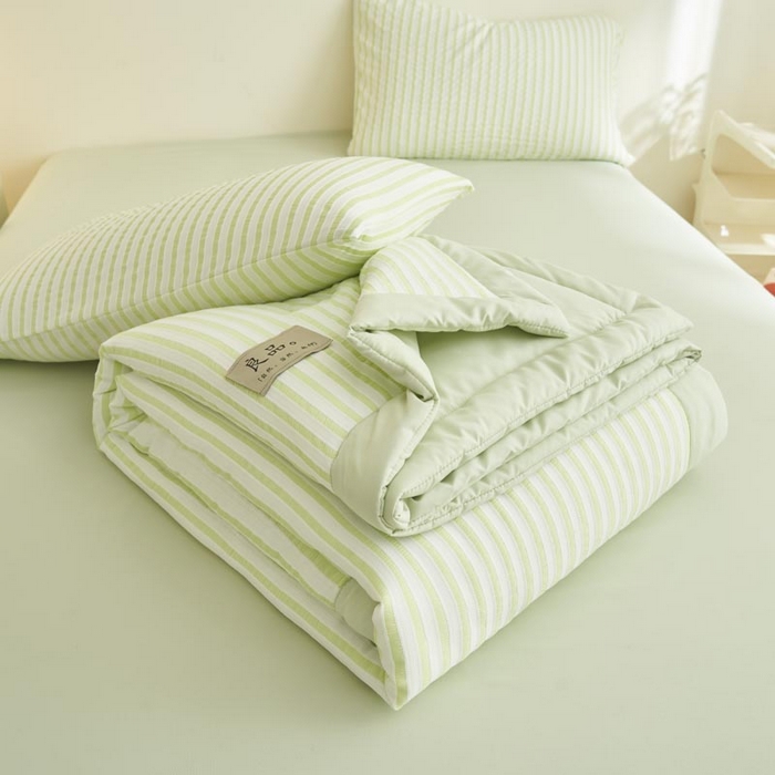 91家纺网 家纺一手货源 找家纺 子由家居 2025新款色织条纹提花大豆夏被四件套 色织条纹-果绿