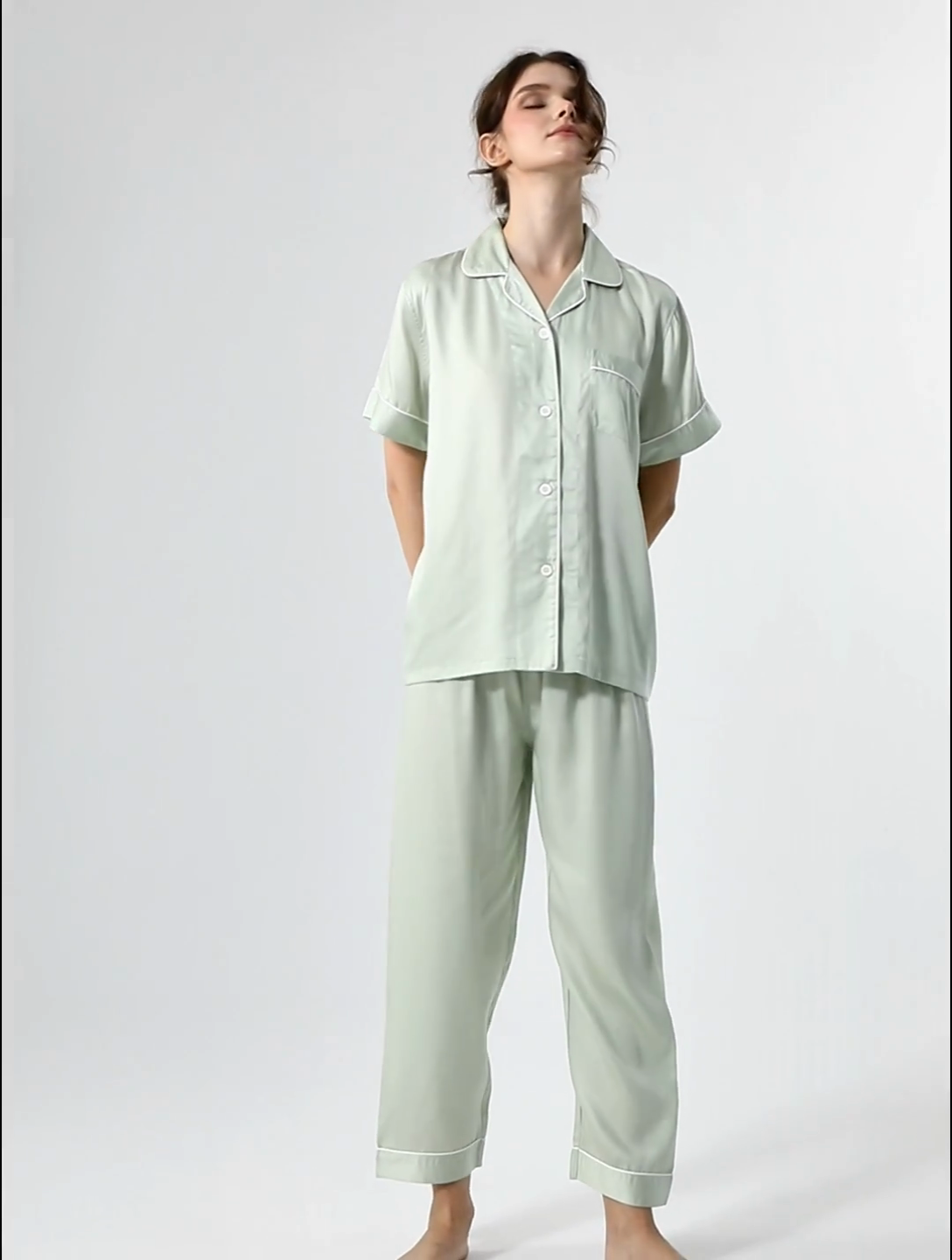 91家纺网 家纺一手货源 找家纺 欧夏家纺 2025新款莱赛尔天丝睡衣家居服 清凉绿