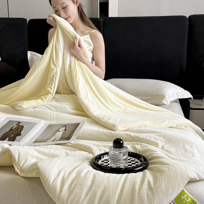 91家纺网 家纺一手货源 找家纺 子由家居 2025新款凉感丝浮雕提花大豆夏被被子被芯 经典格-米白